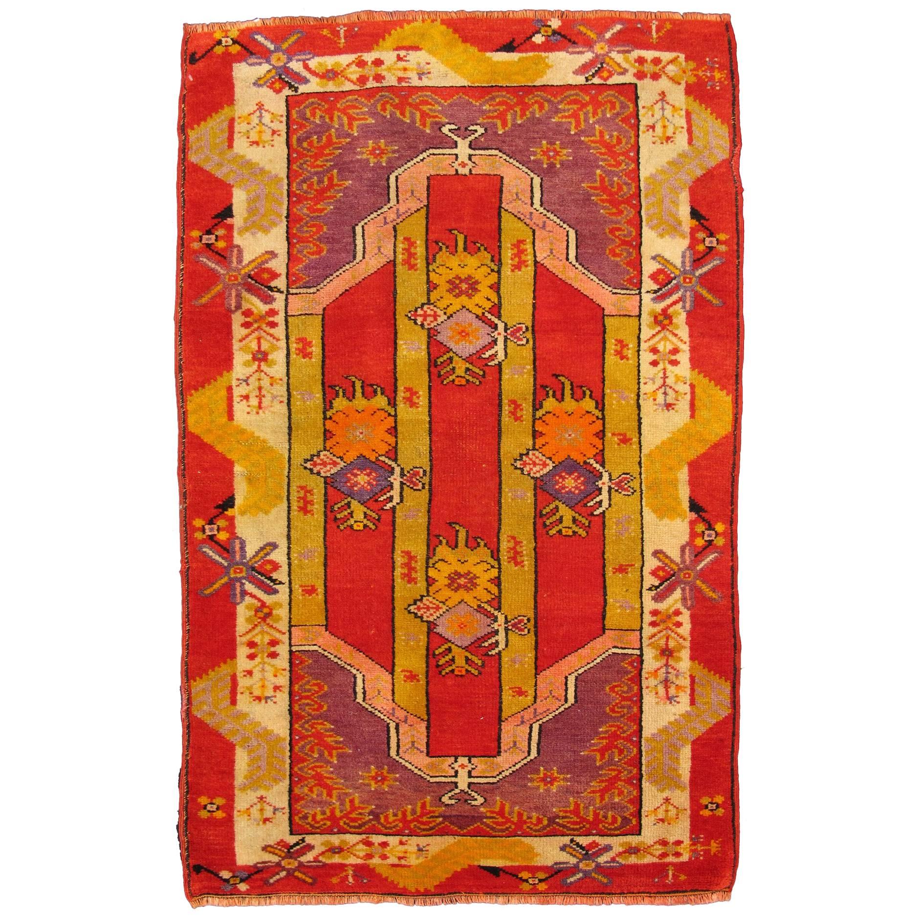 Antique Turkish Oushak Rug with Red, Yellow-Green and Purple Scattered Shapes For Sale