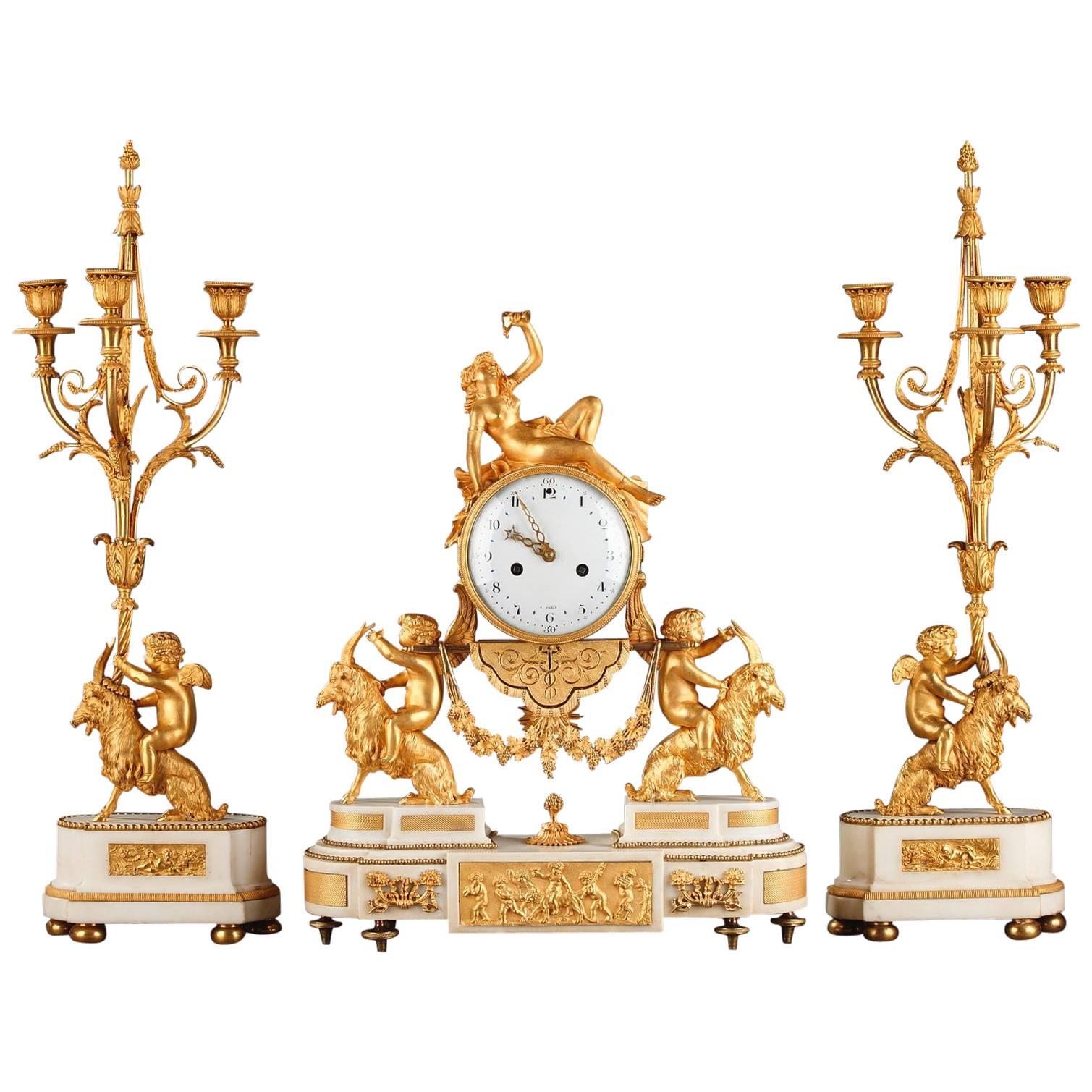 Louis XVI Set, Clock and Pair of Candelabras in Ormolu and Marble