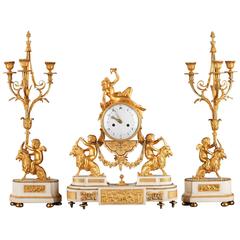 Louis XVI Set, Clock and Pair of Candelabras in Ormolu and Marble 11