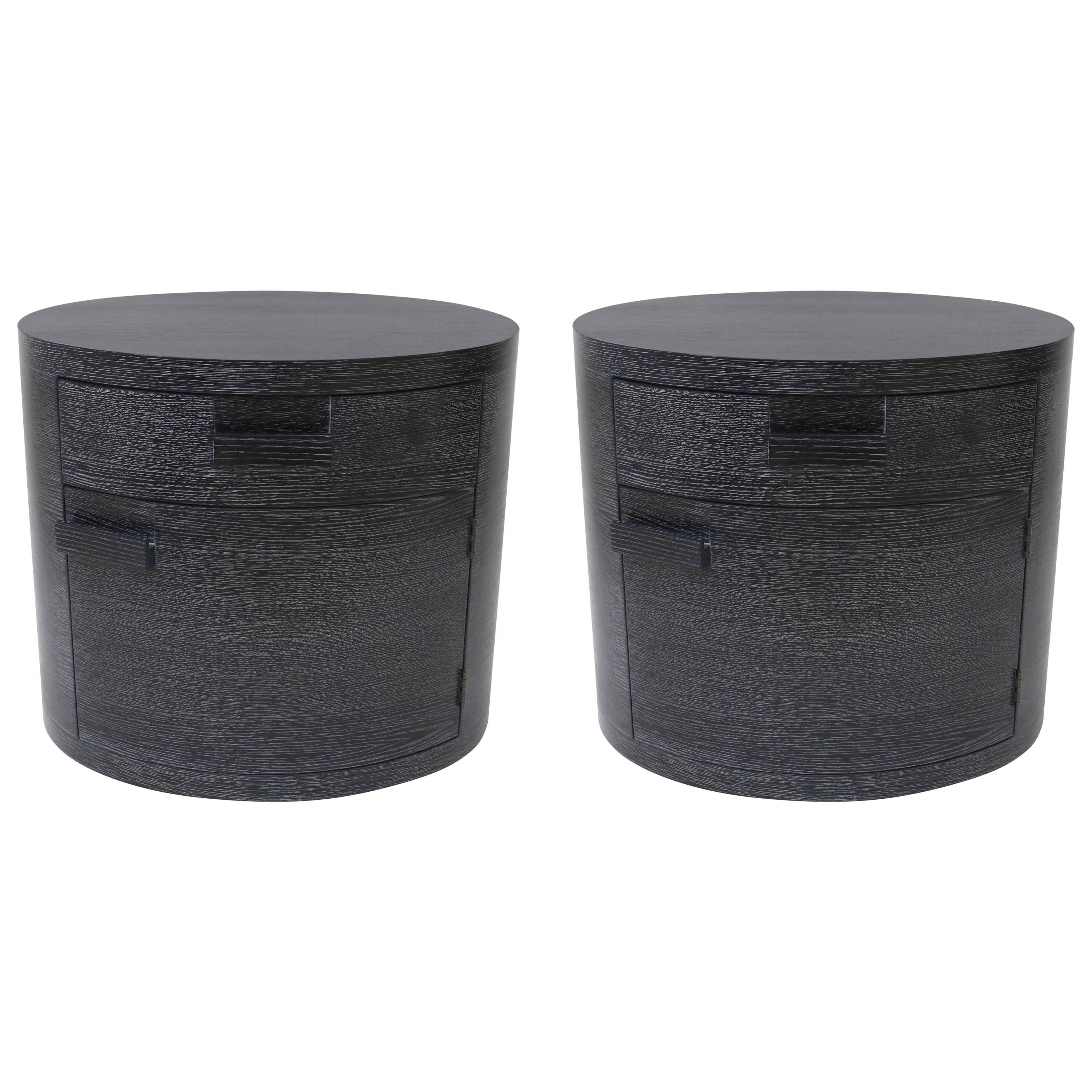 Pair of Oval Form Bedside Tables, Style of Jay Spectre in Cerused Black Oak
