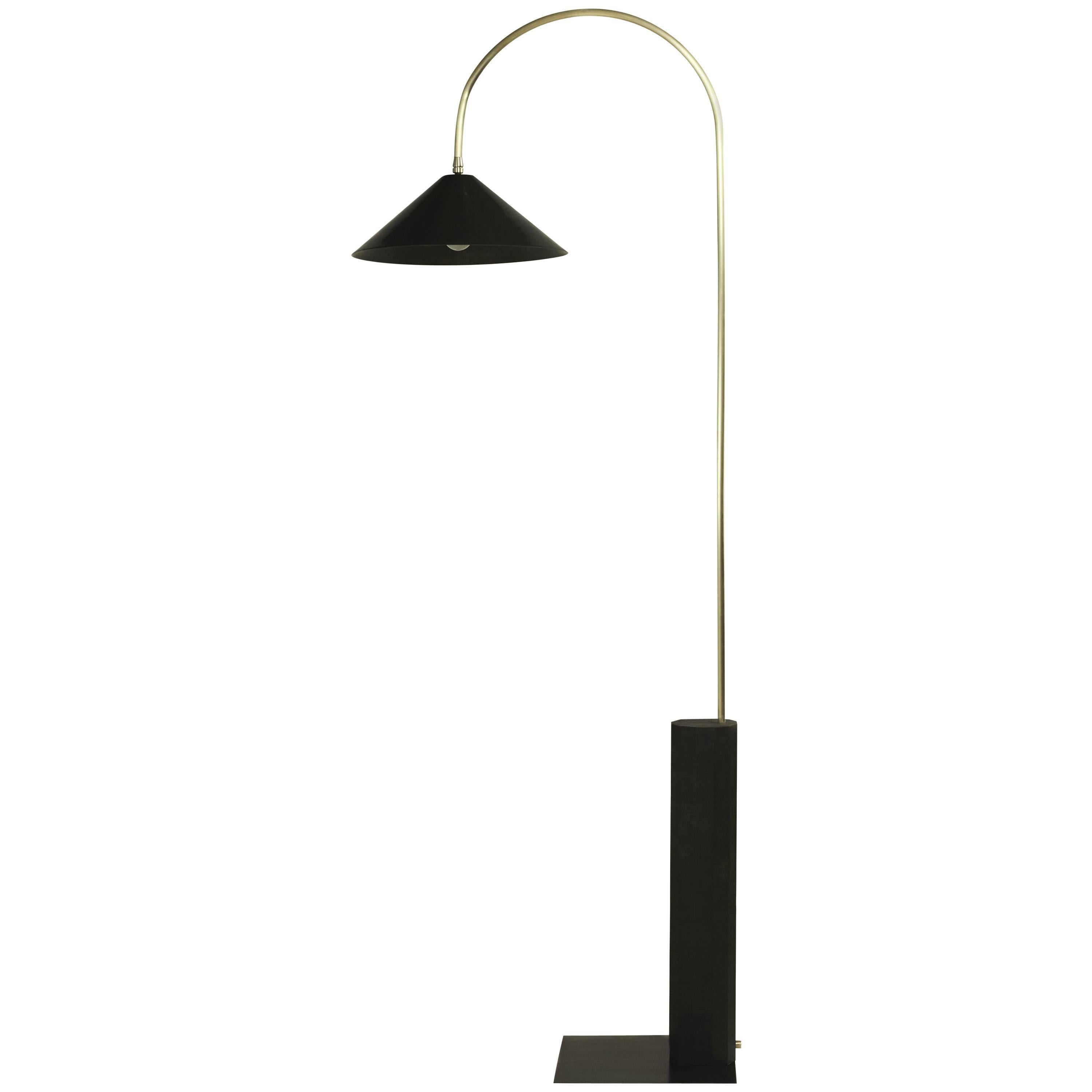 Bishop Tall Floor Lamp with Brushed Brass, Blackened-Steel Shade and Black Oak For Sale