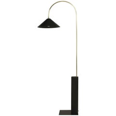 Bishop Tall Floor Lamp with Brushed Brass, Blackened-Steel Shade and Black Oak