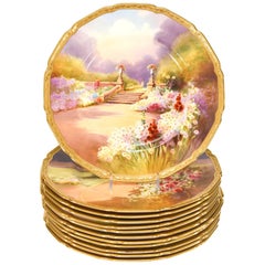 Set of 12 Royal Doulton Scenic Hand-Painted Artist Signed Garden Plates W/ Gold