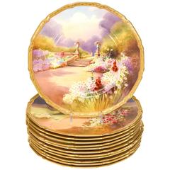 Set of 12 Royal Doulton Scenic Hand-Painted Artist Signed Garden Plates W/ Gold 3