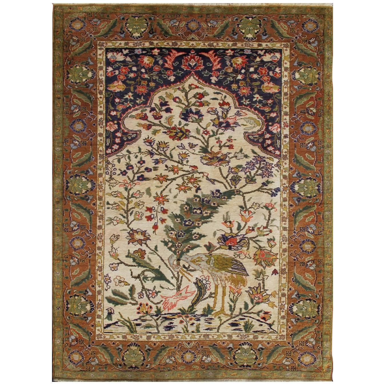 Silk Turkish Rug with Botanical Designs, Including Stylized Leaves For Sale
