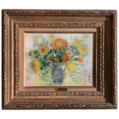 Le Pho Flowers in a Blue Vase Oil on Canvas Vietnamese Artist