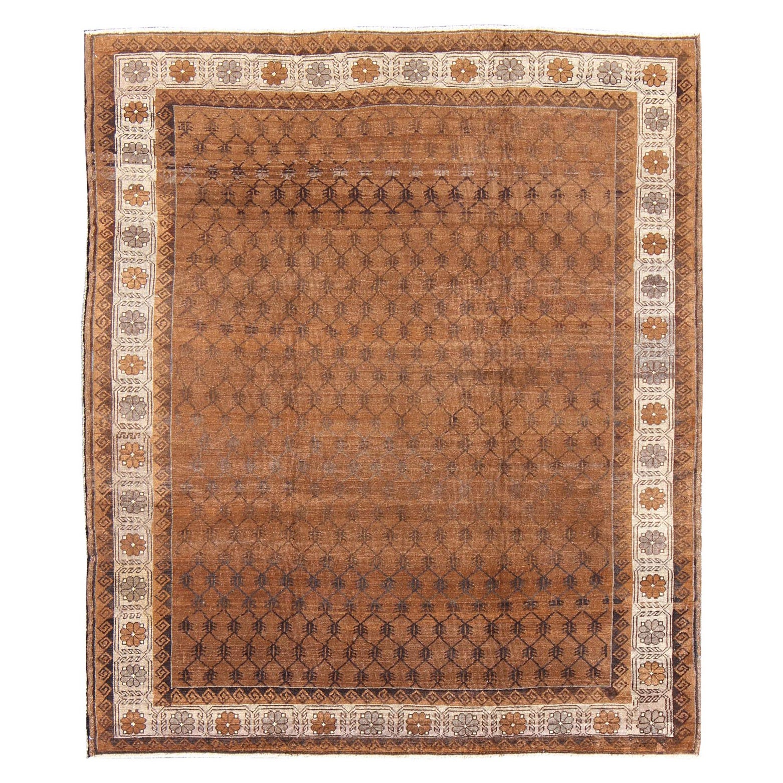 Vintage Hand Knotted Turkish Kars Rug With All-Over Lattice Design in Browns  