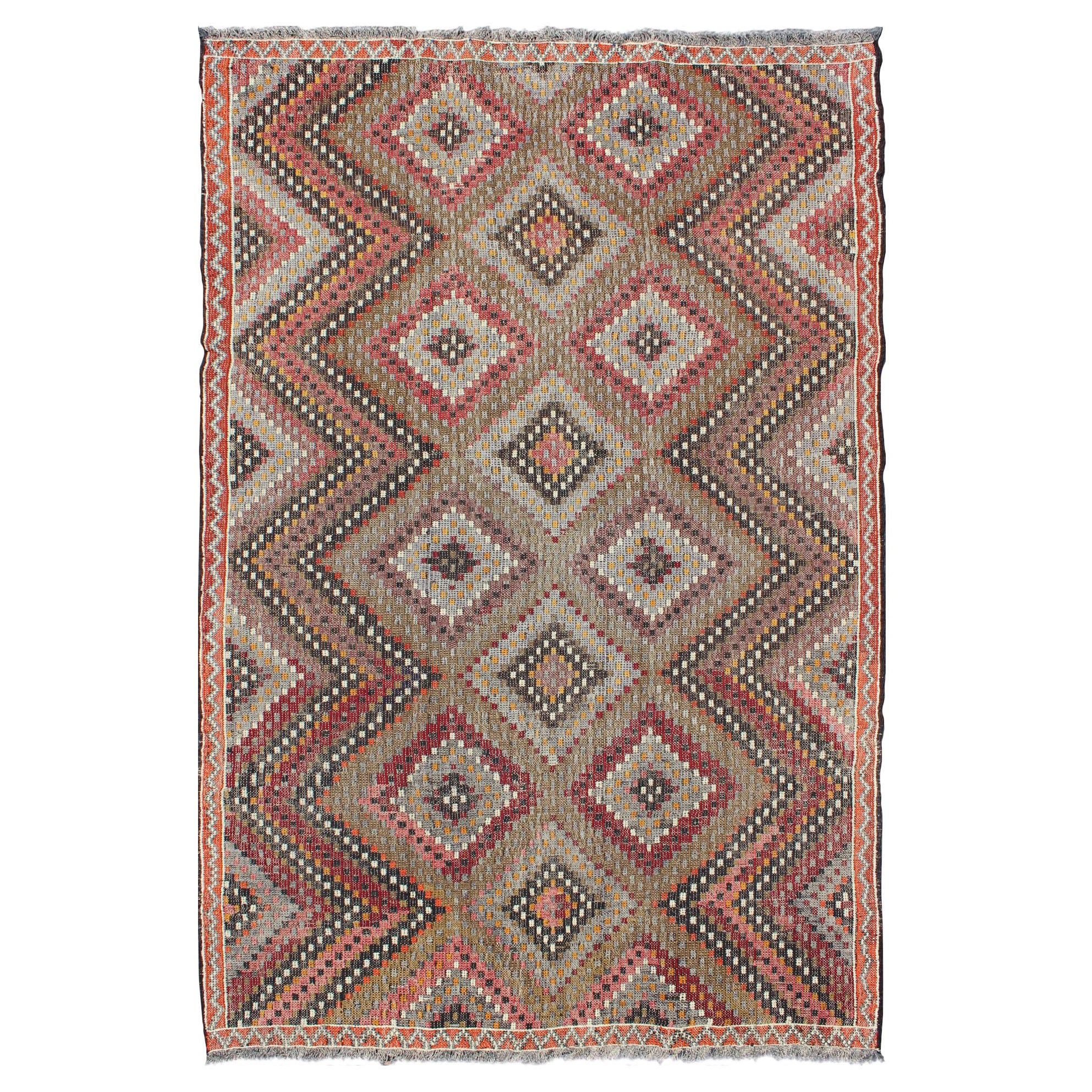 Vintage Turkish Embroidered Flat Weave with Diamond and Zig-Zag Pattern For Sale