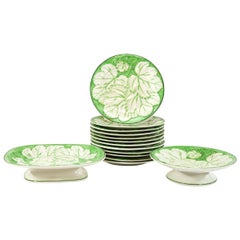 Pearlware Dessert Service with Molded Grape Leaves in Relief 12 Plates/2 Tazzas