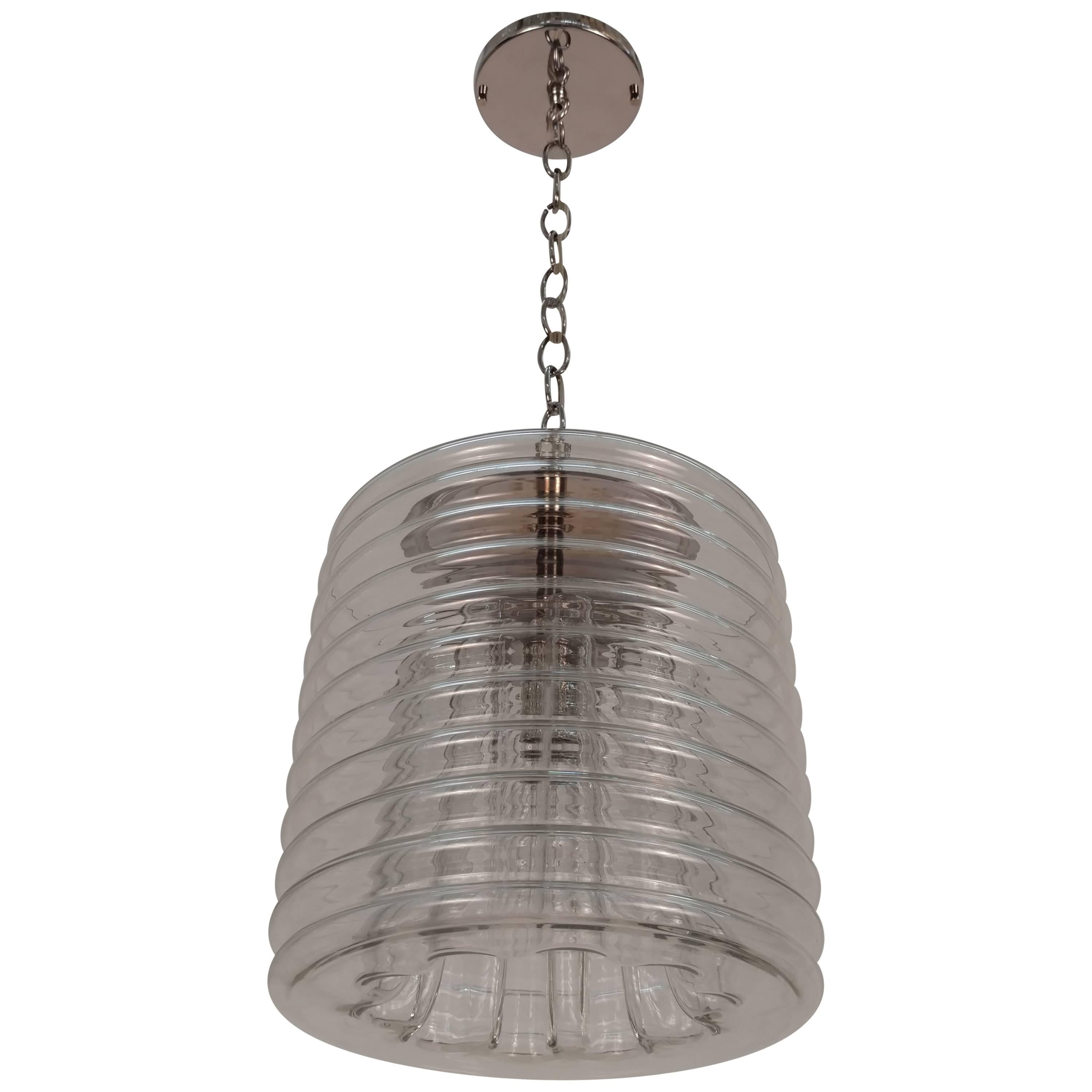 Clear Ribbed Glass Pendant For Sale