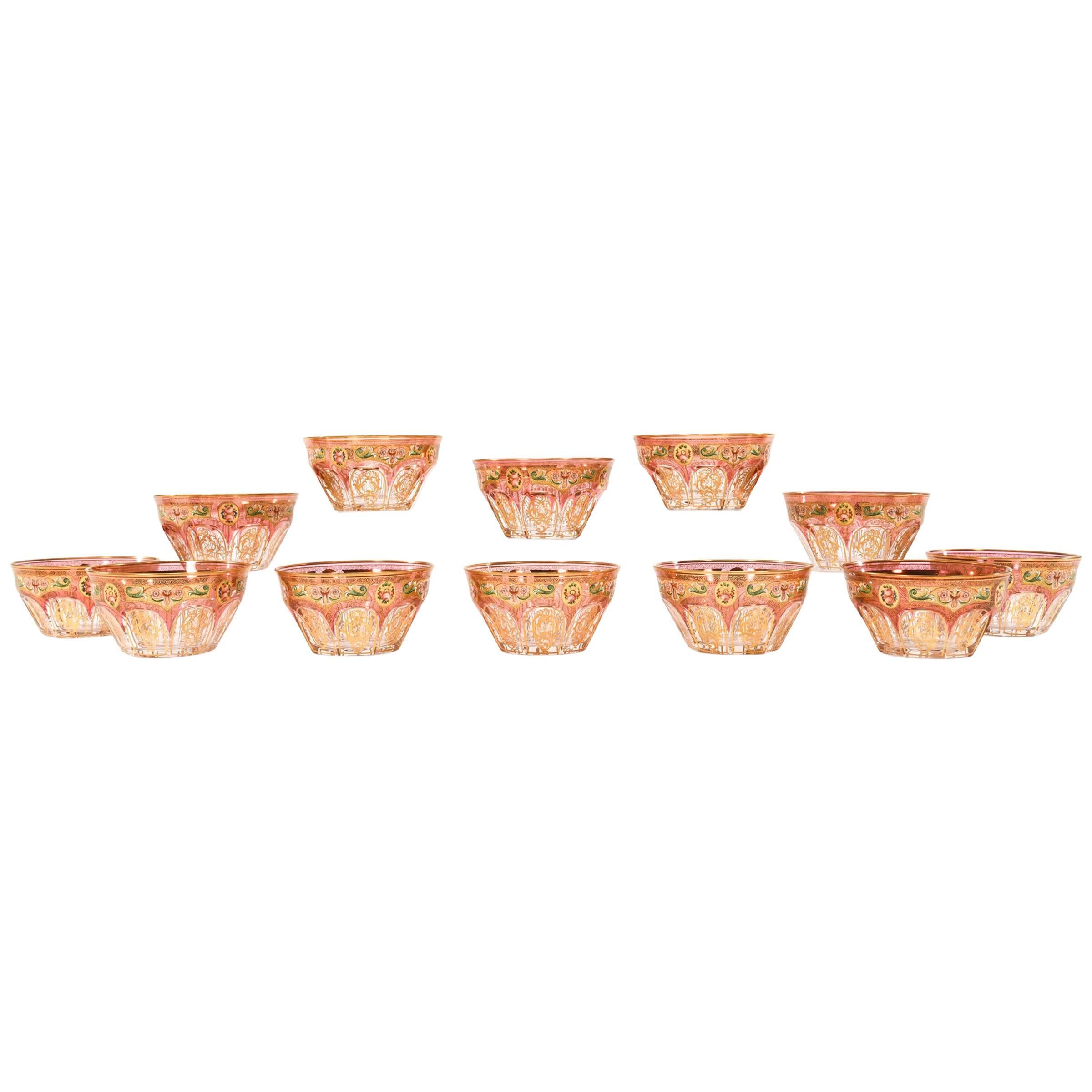 12 Baccarat Octagonal Crystal Bowls with Hand-Painted and Gilt Decoration