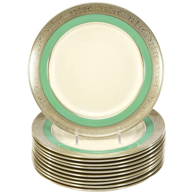 Set of 12 Lenox Green and Ivory Dessert Plates with Silver Overlay