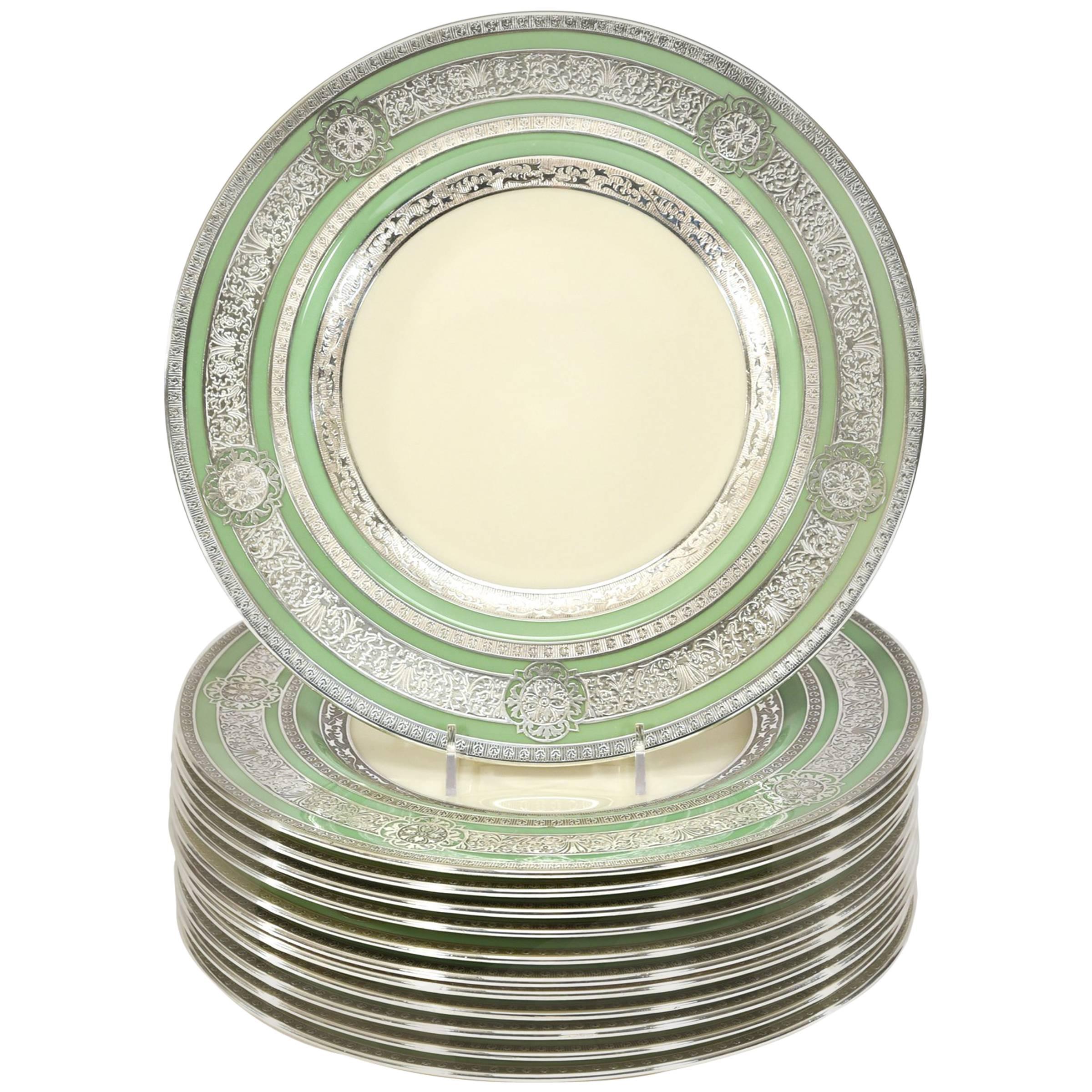 Set of 12 Sterling Welch & Co Green Cream Dinner Plates with AC Silver Overlay