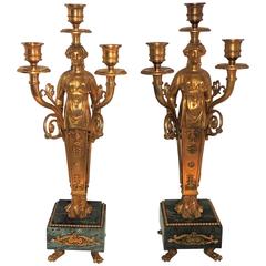 Fine Pair French Empire Three-Arm Figural Dore Bronze Ormolu Marble Candelabras