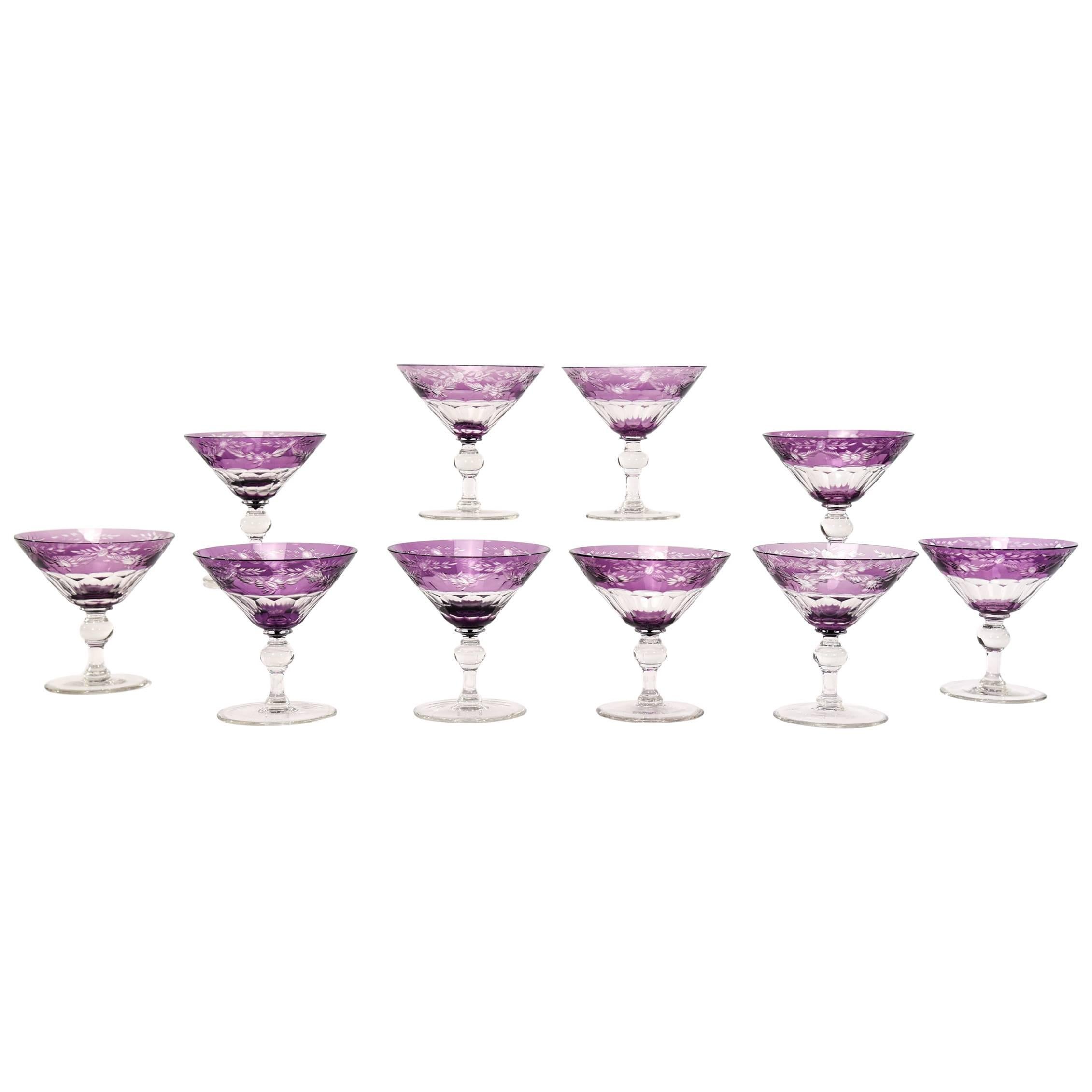Set of Ten Sinclaire Handblown Amethyst Cut to Clear Martini, Cocktail Coupes
