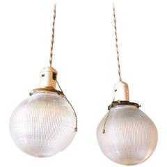 Pair of Industrial Holophane Glass Globe Pendant Lights 9