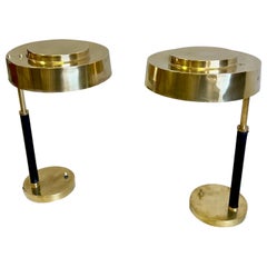 Retro Pair French Midcentury Art Deco Brass & Leather Desk/ Table Lamps, Jacques Adnet