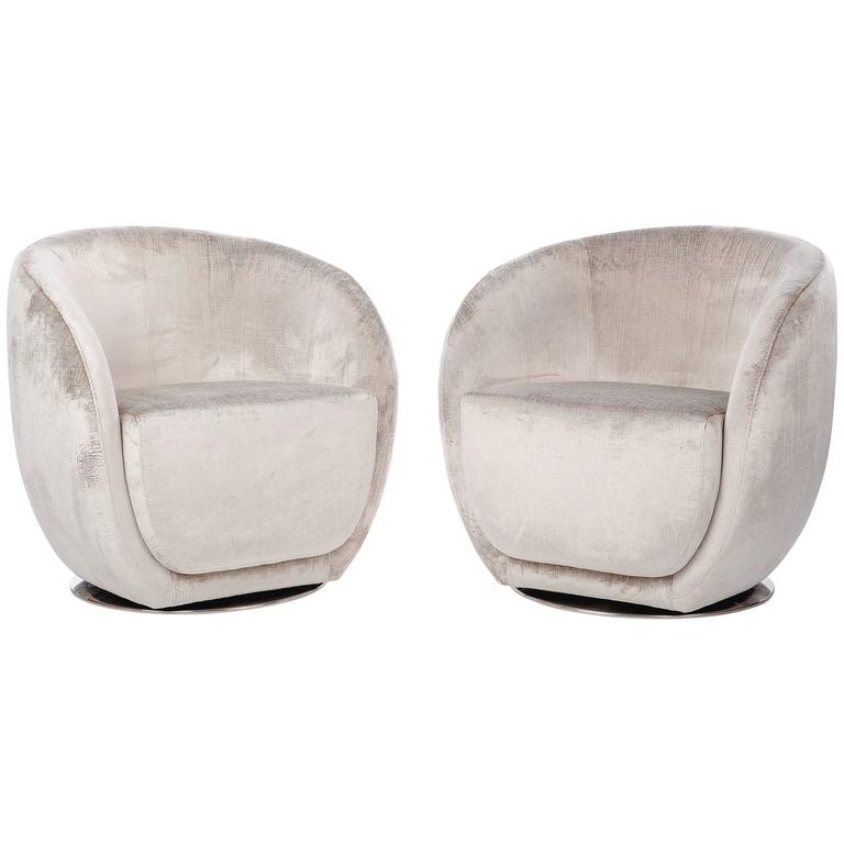 Pair of MidCentury Style Silver Swivel Chairs For Sale at 1stdibs