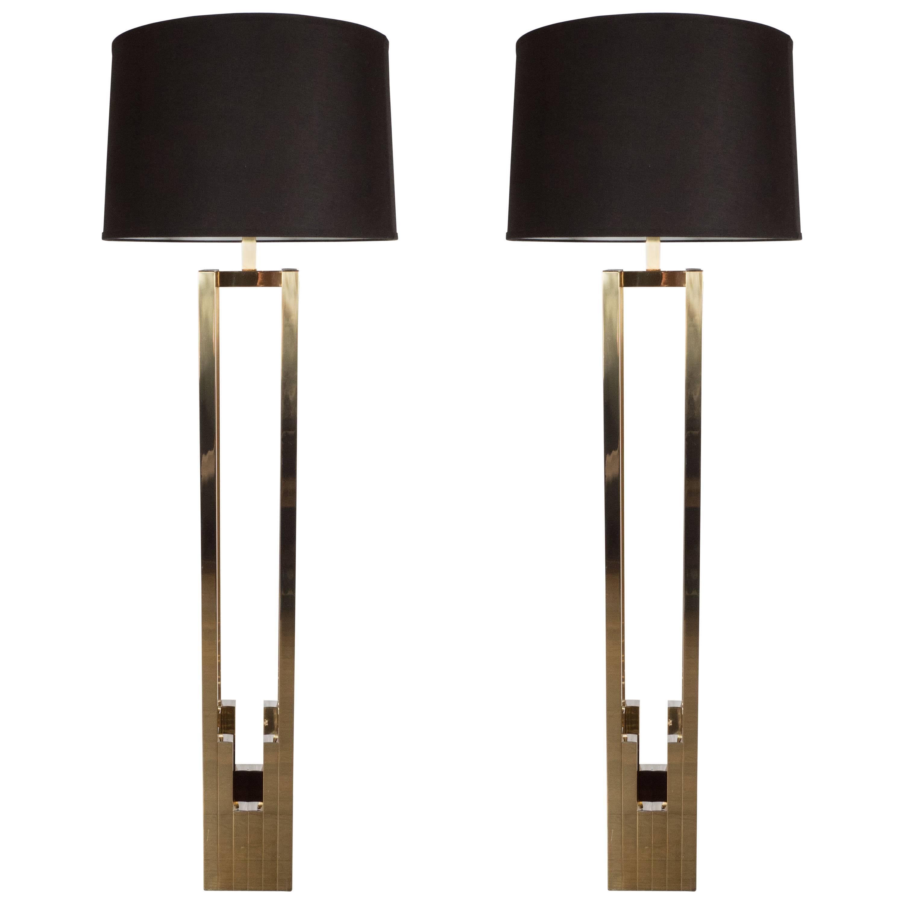 Pair of Mid-Century Modernist Chrome and Brass Floor Lamps by Willy Rizzo