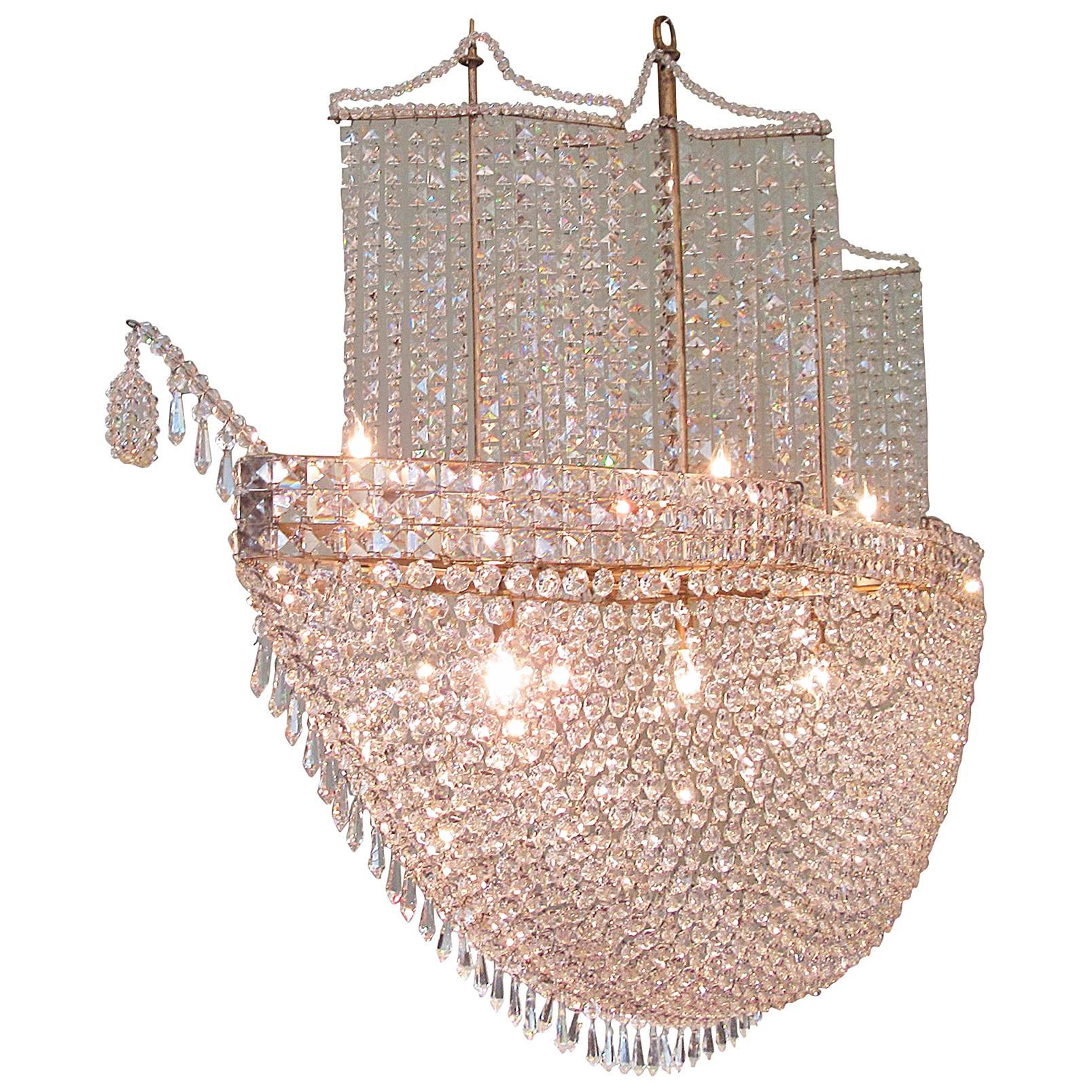 Monumental Mid-20th Century French Crystal and Tole Three Masted Ship Chandelier
