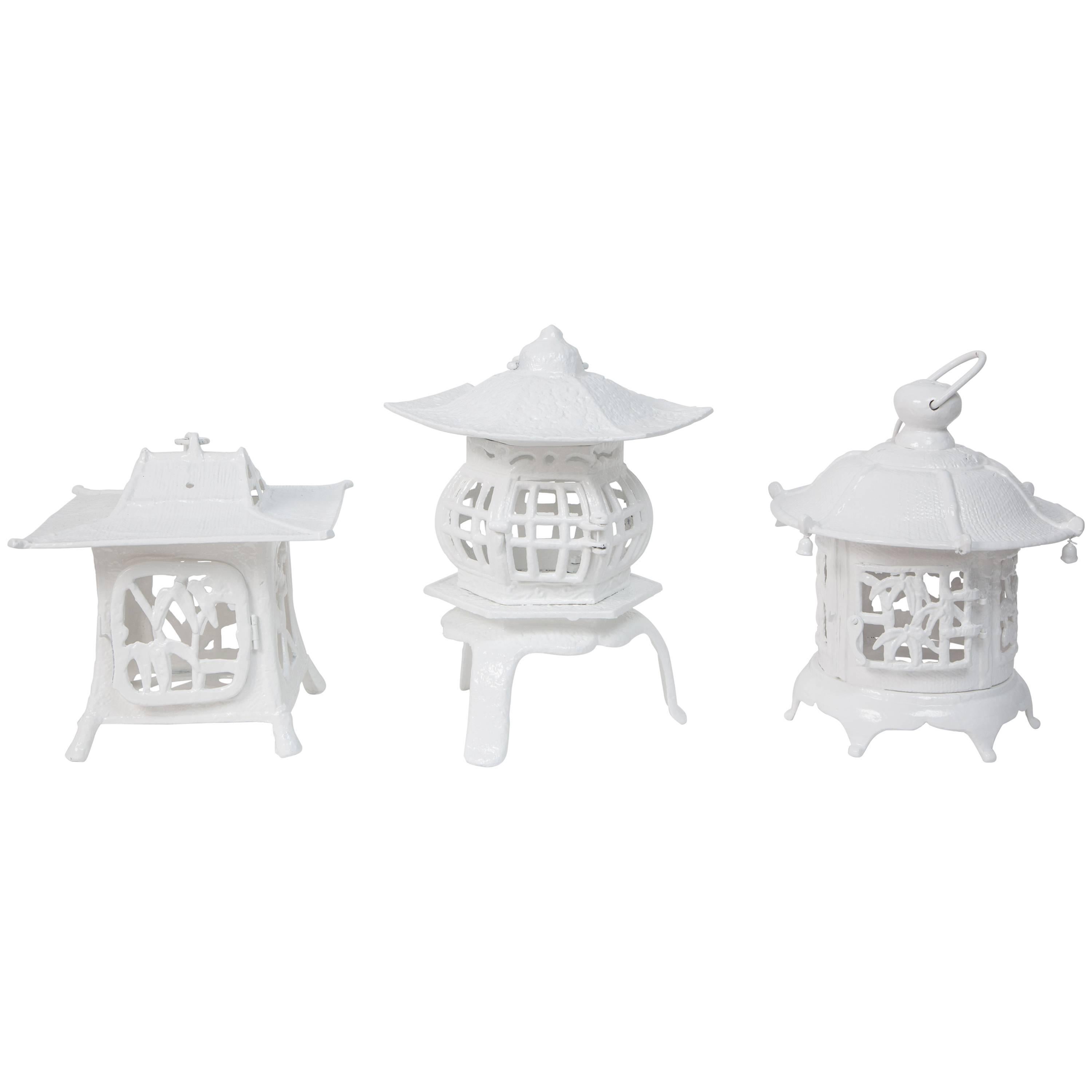Trio of 1960s Cast Iron Pagodas in White Lacquer