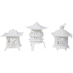 Retro Trio of 1960s Cast Iron Pagodas in White Lacquer