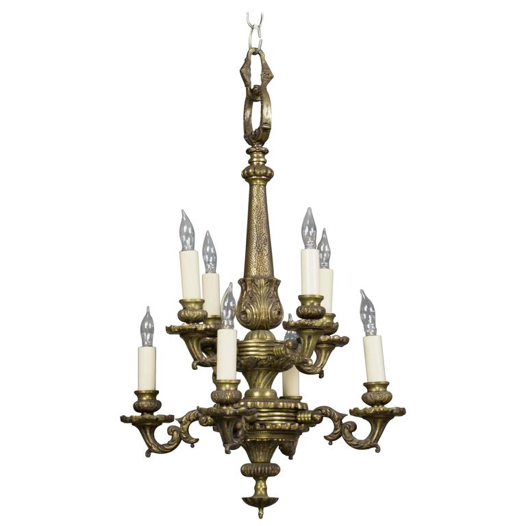 Small French 1940s Bronze Chandelier with Eight Lights For Sale at 1stdibs