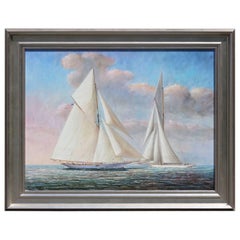 Vintage Oil Painting of Two Gaff Rigged Yachts
