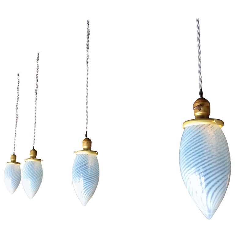 Set of Four Blue Swirl Teardrop Blown Glass Pendant Lights For Sale at