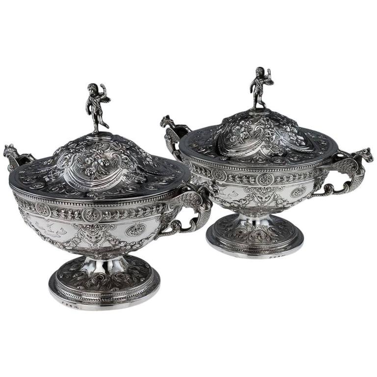Antique Solid Silver Exceptional Pair of Tureens, circa 1789