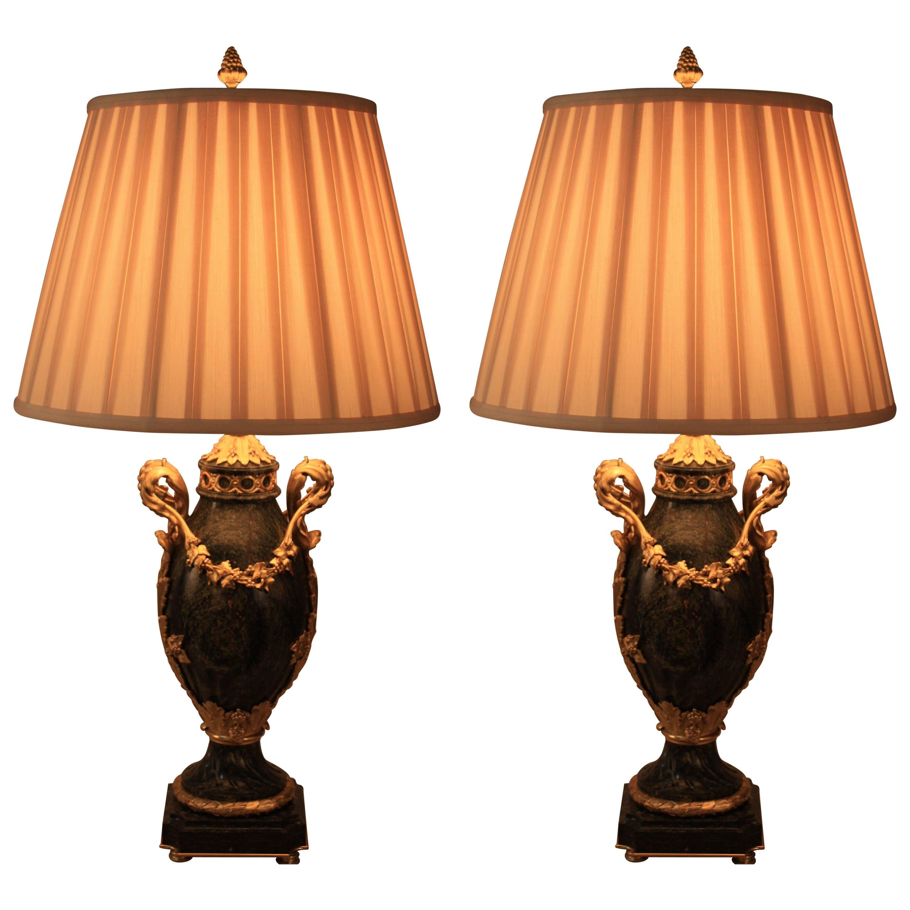 Pair of 19th Century French Gilt Bronze and Marble Urn-Form Table Lamps  