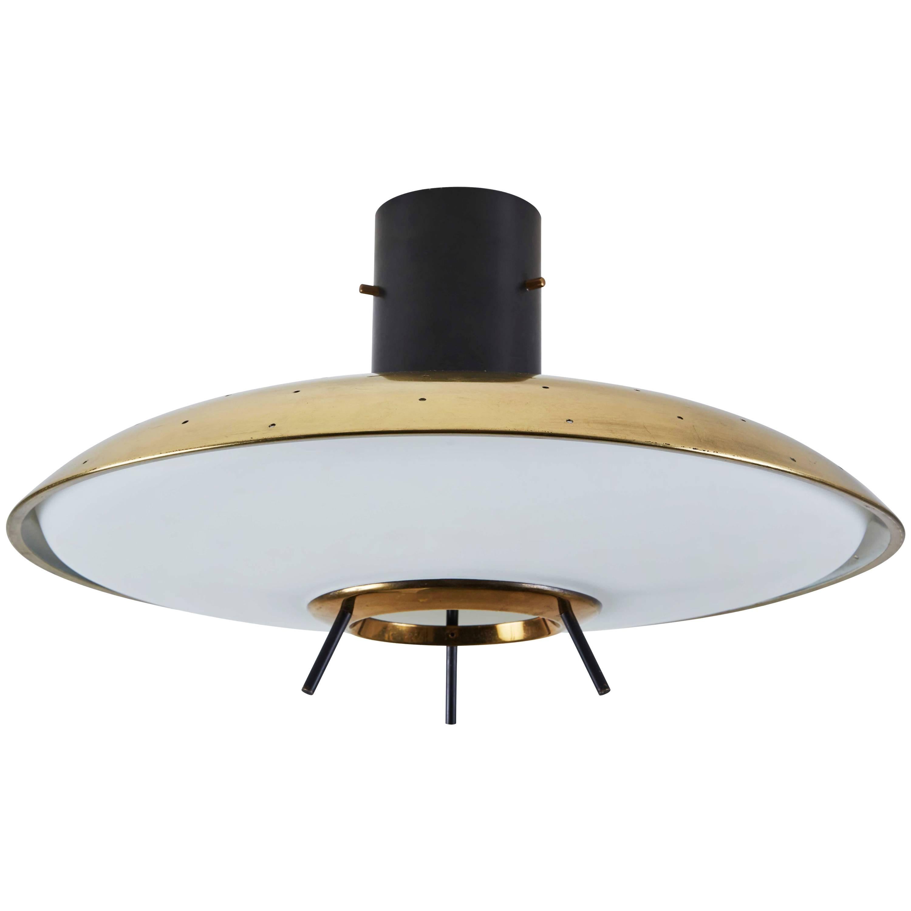 Original Stilnovo Brass and Satin Glass Flush Mount Ceiling Light