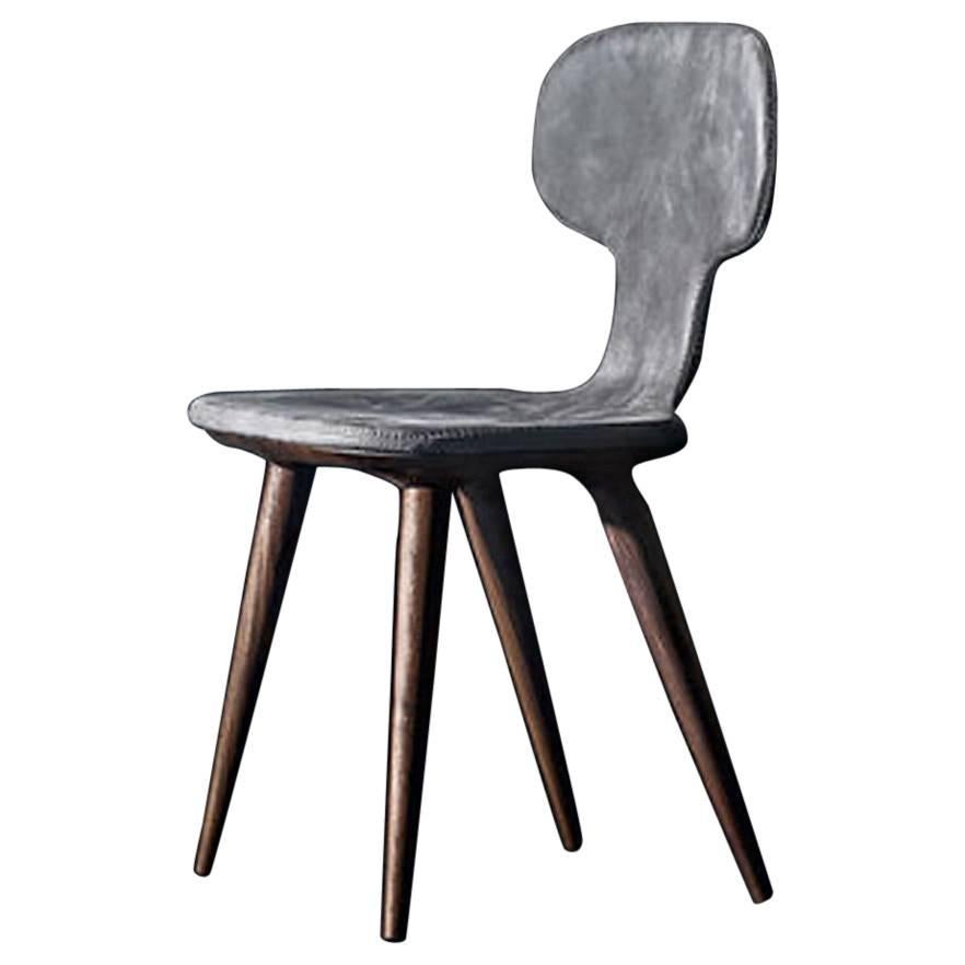 Racing Dinning Chair with Grey Genuine Leather and Solid Walnut Wood