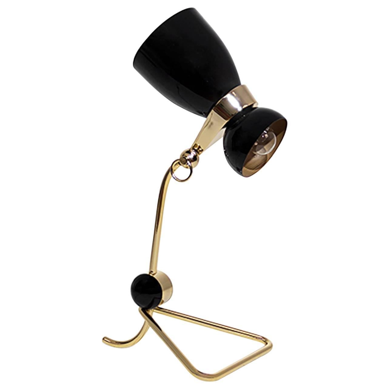 Retro Table Lamp in Glossy Black Finish and Gold Plate Structure For Sale