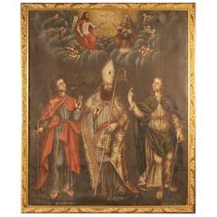18th Century French Religious Painting Adoration of Saints with Little Angels
