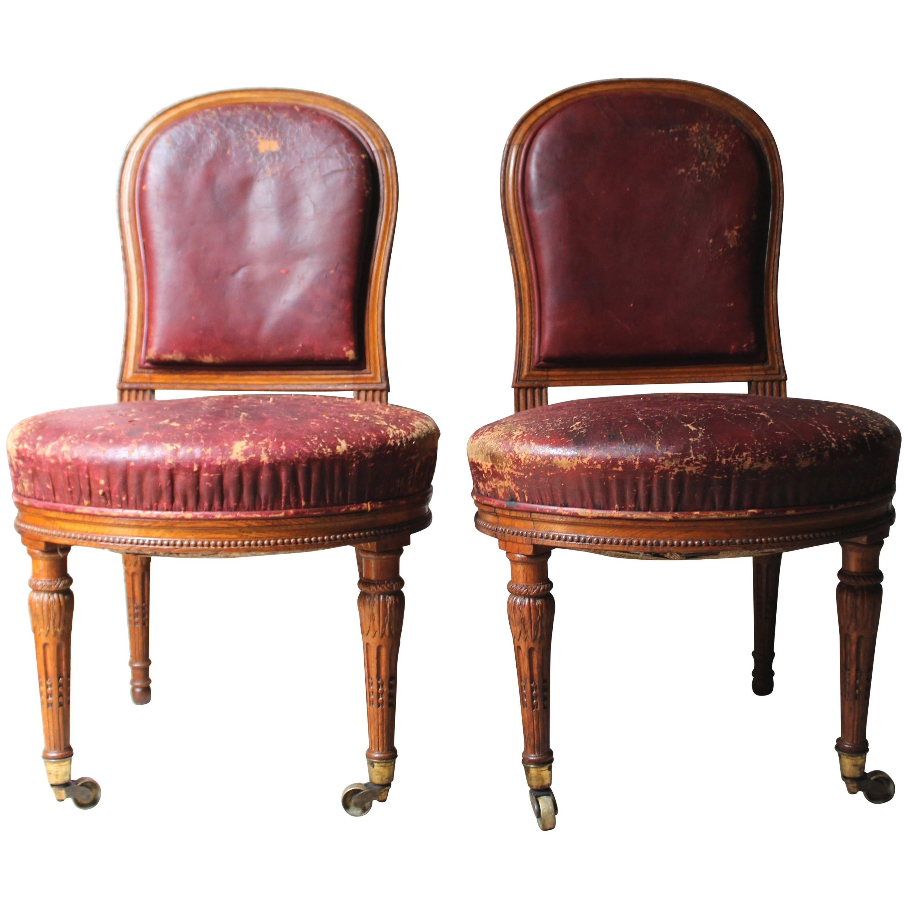 Pair of Early Victorian Golden Oak and Leather Upholstered Chairs, circa 1840
