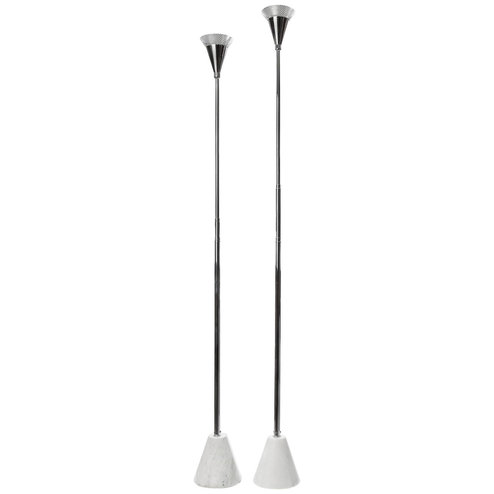1960's Elegant Pair of Marble and Steel Floor Lamps in Style of Gino Sarfatti For Sale