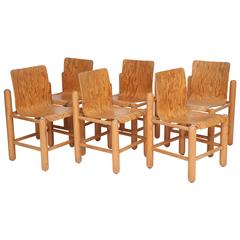 Mid-Century Six Wood Chairs with Incredible Wood Detail, 1960s-1970s, France
