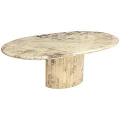 Vintage White Brown Grey Oval Marble Dining Table, Mid-Century, France, 1970s