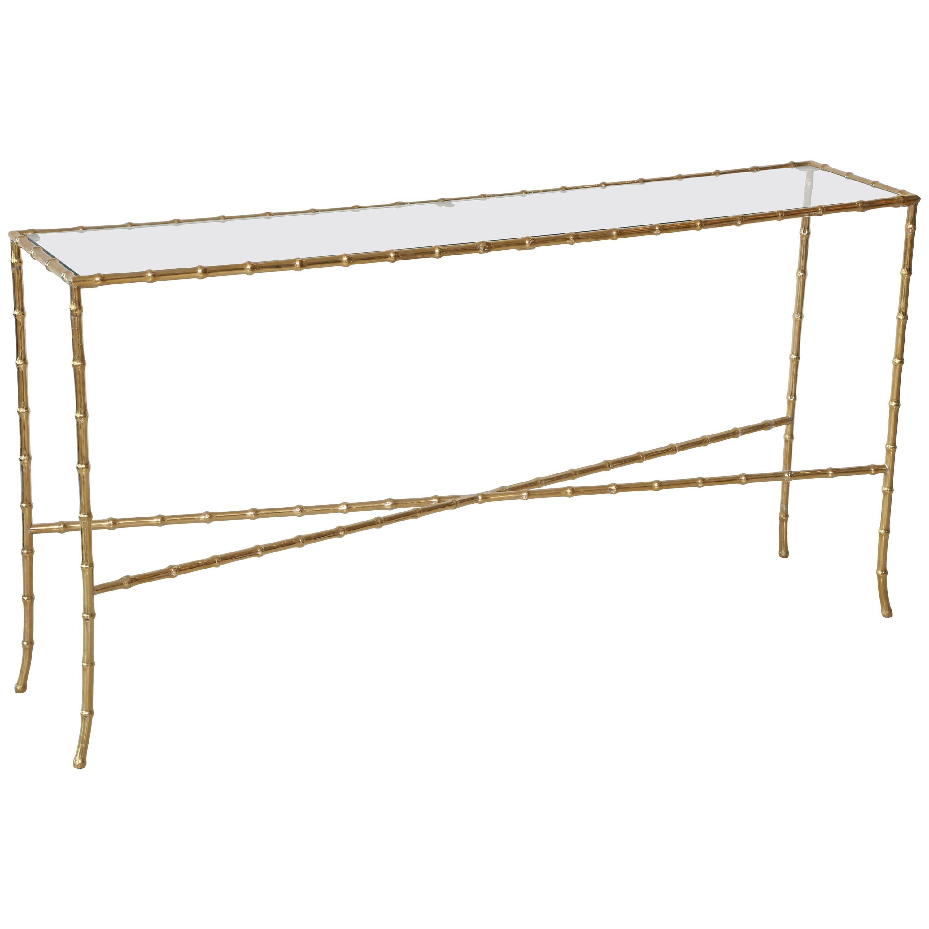 Italian Brass Faux Bamboo Cross Base Rectangular Console with Glass Top For Sale