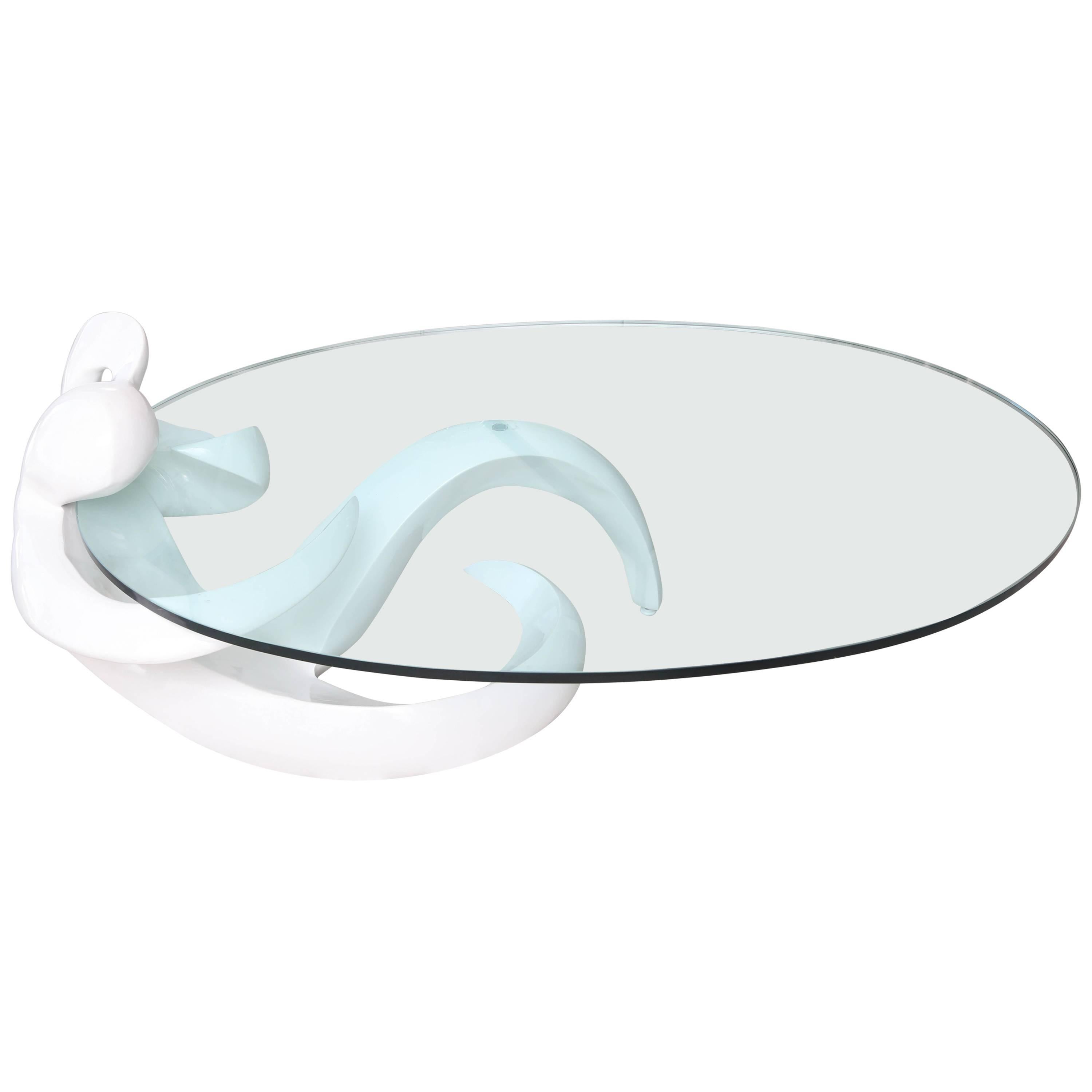 White Lacquered Figural Coffee Table with Oval Cantilevered Glass Top For Sale