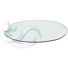 White Lacquered Figural Coffee Table with Oval Cantilevered Glass Top