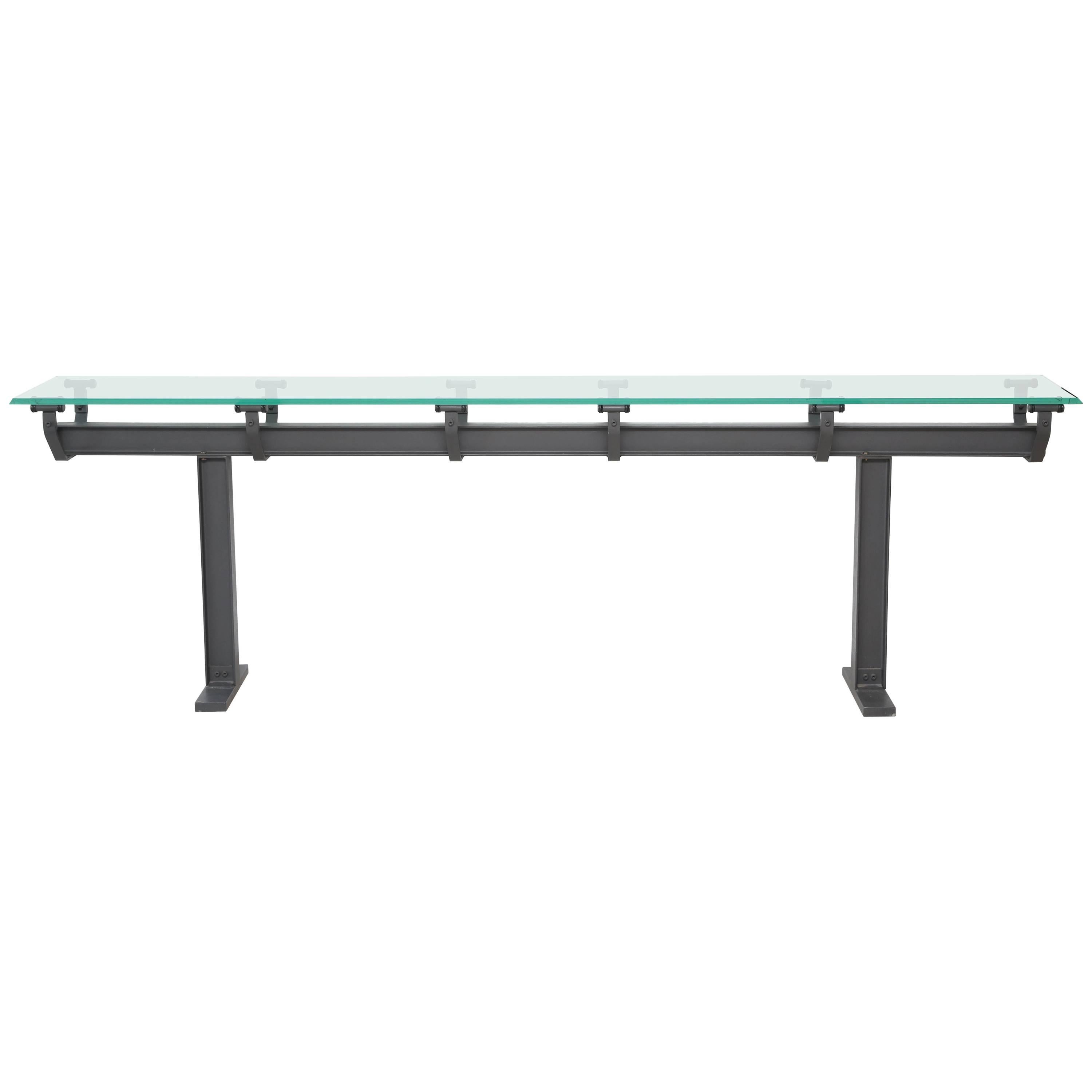 Long Vintage Industrial Iron Console with Glass Top
