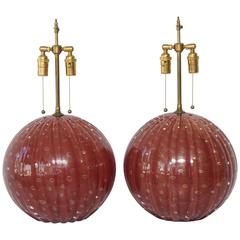 Pair of Deep Red Circular Murano Glass Lamps