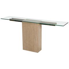 Italian Travertine and Glass Console Table with Brass Supports by Ello