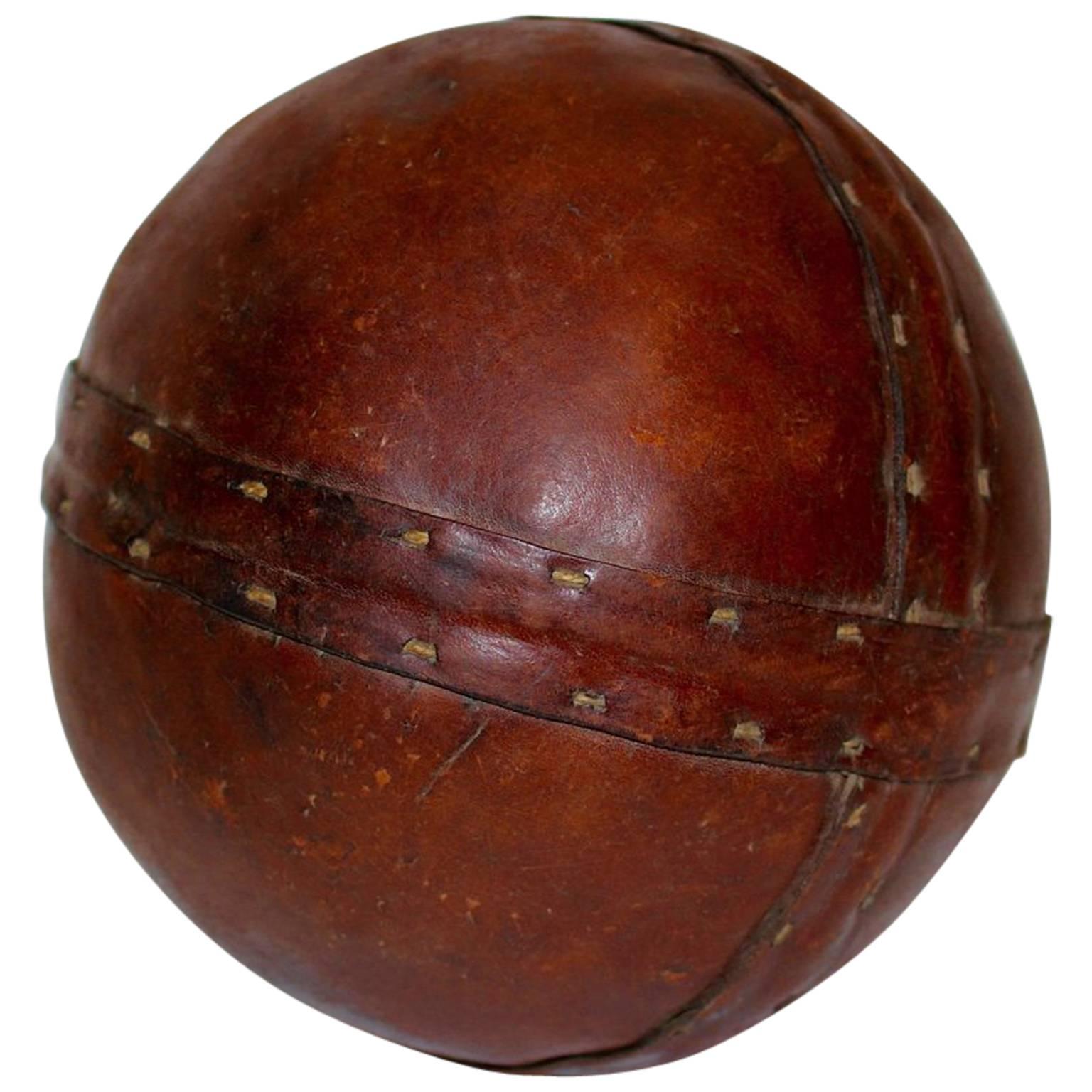 Art Deco Era Vintage Brown Stitched Leather Ball, 1920s
