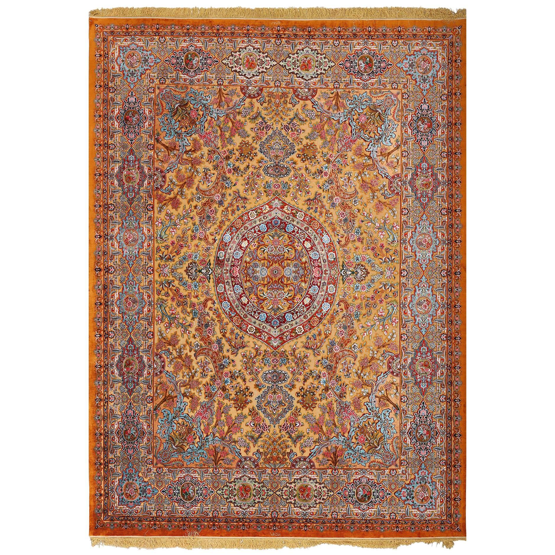 Fine Silk and Gold Thread Vintage Tabriz Persian Rug