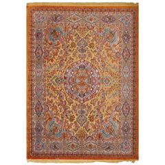 Fine Silk and Gold Thread Vintage Tabriz Persian Rug