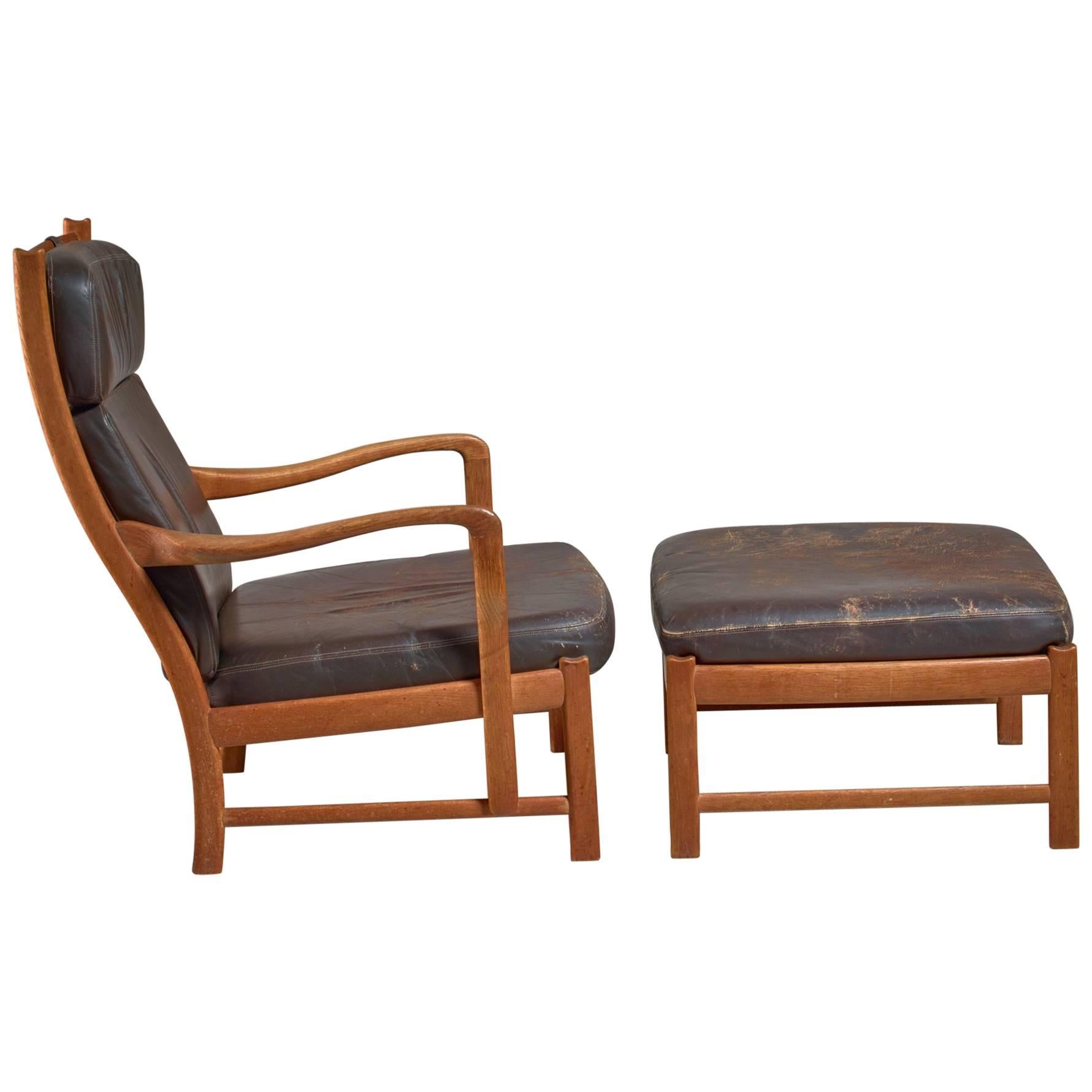Scandinavian Oak and Brown Leather Lounger with Ottoman, 1950s For Sale