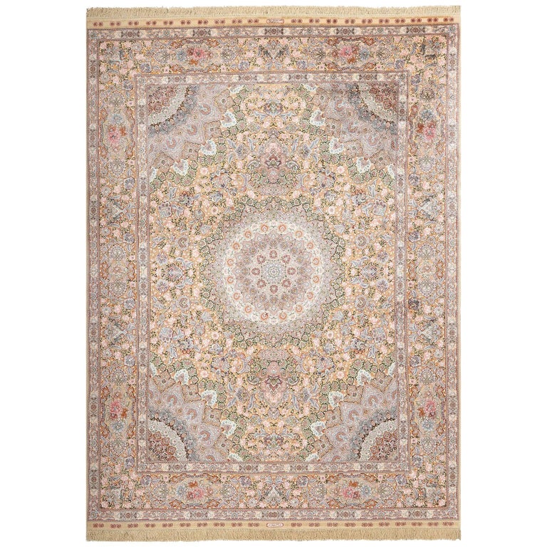 Fine Silk and Gold Thread Vintage Tabriz Persian Rug For Sale at 1stdibs